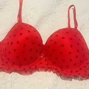 Red Heart Print Push-Up Bra - Women Intimates 38C Underwire Ruffles satin rhines